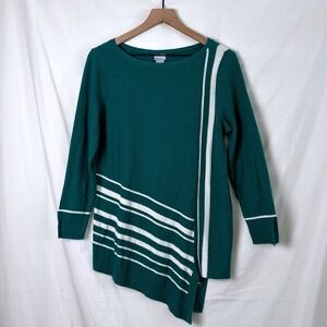 Chicos Green Ribbed Asymmetrical Hem Tunic Sweater Size M Casual Office Artsy